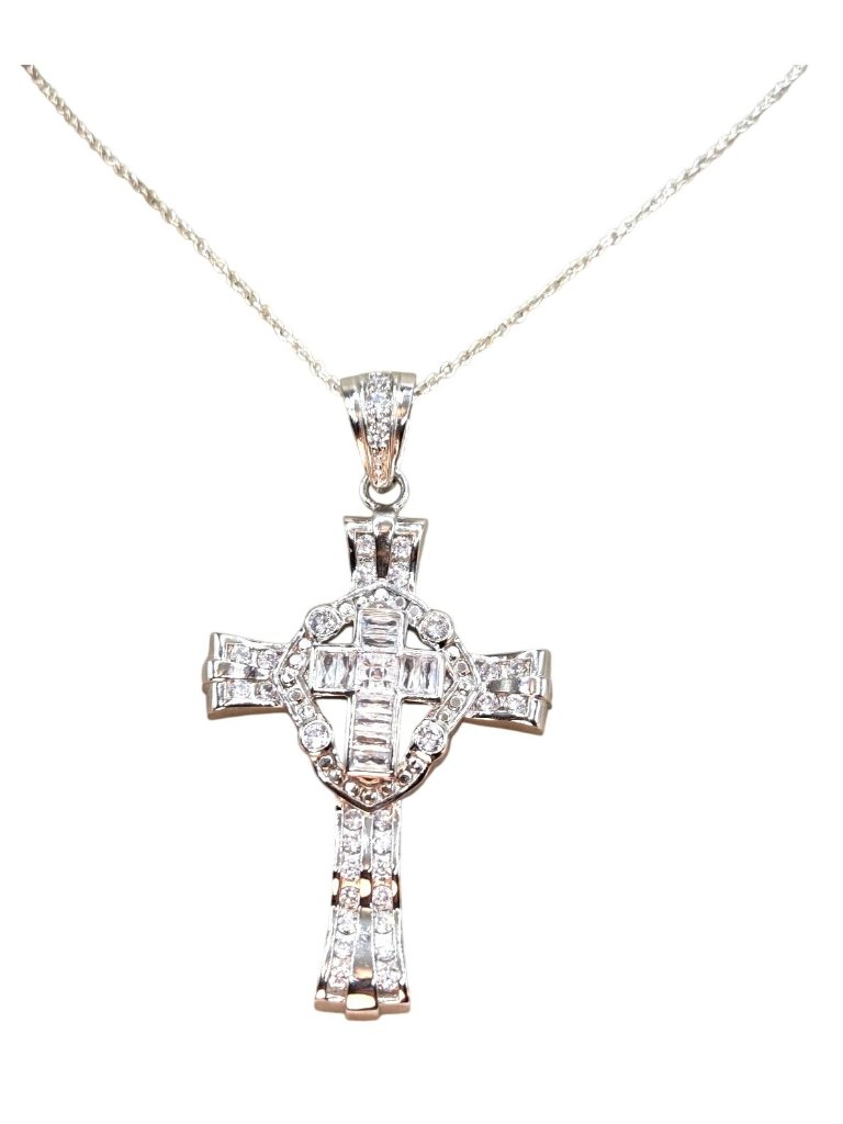 Sterling Silver 925 Cross Pendant Necklace With Cubic Zirconia Accents